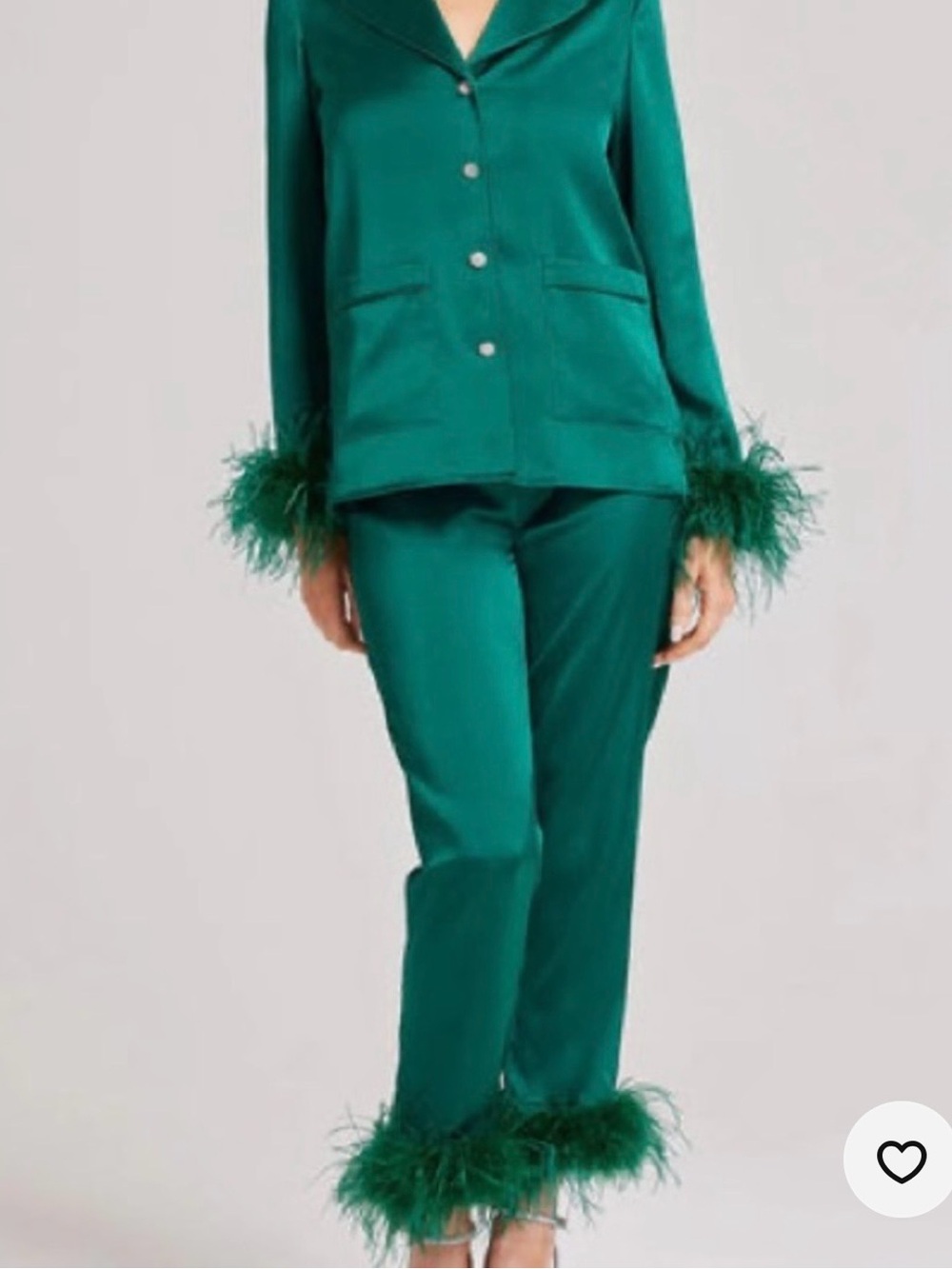 NADINE MERABI Darcie Emerald Green Satin Feather-Trim Pajama Set